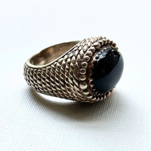 Baarse Sterling Silver Black Onyx Dome Ring | Textured Band | Boho Jewelry - Picture 1 of 9